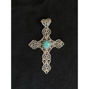 Large Vtg 3”x2”  Sterling Silver + Turquoise Ornate Cross pendant 925 DGS Turkey